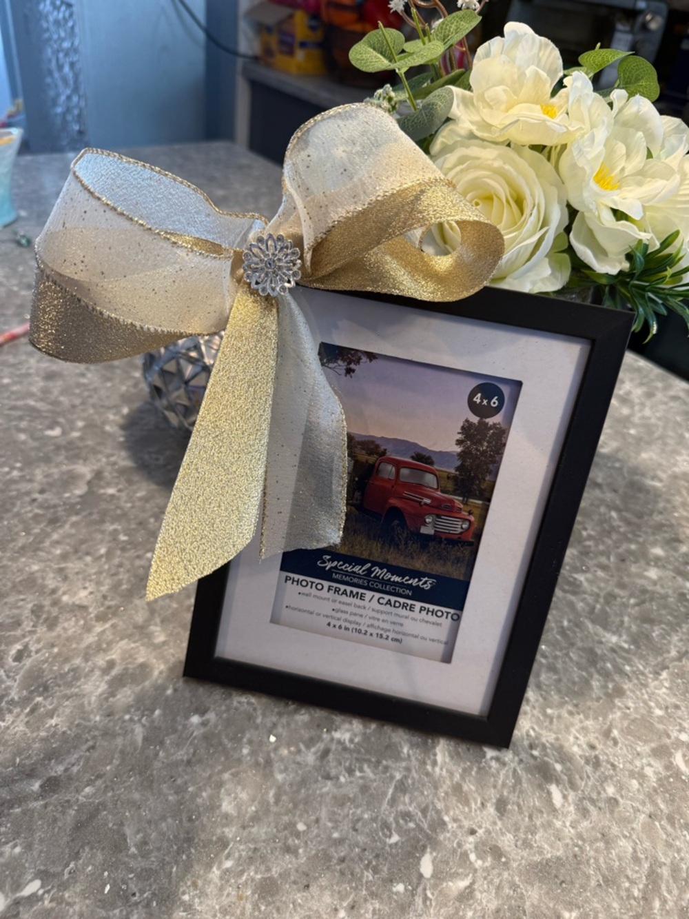 Special Moments Black Photo Frame with Gold Bow Accent